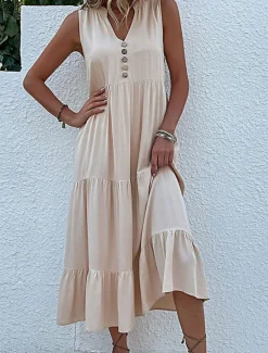 Discount Women's Long Dress Maxi Dress Casual Dress Tank Dress Elegant Stylish Basic Vacation Daily Regular Fit Plain Sleeveless V Neck Black Blue Green Apricot Summer Spring Women T Shirt Dresses