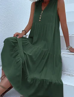 Discount Women's Long Dress Maxi Dress Casual Dress Tank Dress Elegant Stylish Basic Vacation Daily Regular Fit Plain Sleeveless V Neck Black Blue Green Apricot Summer Spring Women T Shirt Dresses