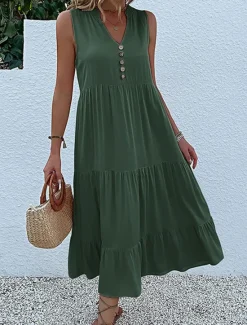 Discount Women's Long Dress Maxi Dress Casual Dress Tank Dress Elegant Stylish Basic Vacation Daily Regular Fit Plain Sleeveless V Neck Black Blue Green Apricot Summer Spring Women T Shirt Dresses