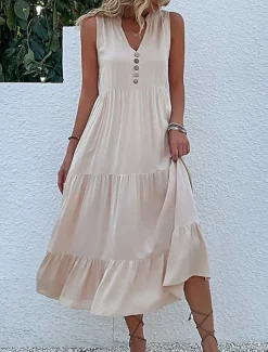 Discount Women's Long Dress Maxi Dress Casual Dress Tank Dress Elegant Stylish Basic Vacation Daily Regular Fit Plain Sleeveless V Neck Black Blue Green Apricot Summer Spring Women T Shirt Dresses