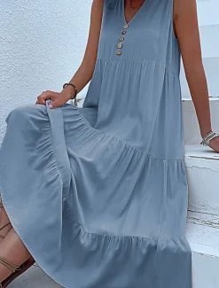 Discount Women's Long Dress Maxi Dress Casual Dress Tank Dress Elegant Stylish Basic Vacation Daily Regular Fit Plain Sleeveless V Neck Black Blue Green Apricot Summer Spring Women T Shirt Dresses