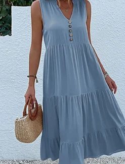 Discount Women's Long Dress Maxi Dress Casual Dress Tank Dress Elegant Stylish Basic Vacation Daily Regular Fit Plain Sleeveless V Neck Black Blue Green Apricot Summer Spring Women T Shirt Dresses