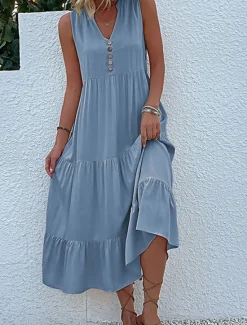 Discount Women's Long Dress Maxi Dress Casual Dress Tank Dress Elegant Stylish Basic Vacation Daily Regular Fit Plain Sleeveless V Neck Black Blue Green Apricot Summer Spring Women T Shirt Dresses