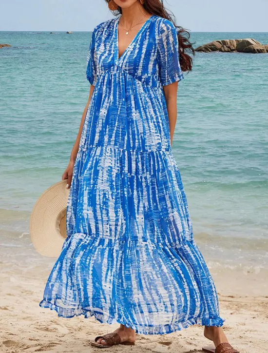 Women's Long Dress Maxi Dress Casual Dress Chiffon Dress Swing Dress Summer Dress Streetwear Maxi Vacation Street Holiday Loose Fit Tie Dye Short Sleeve V Neck Summer Women Chiffon Dresses