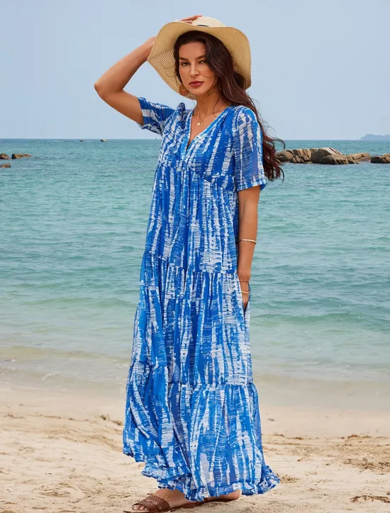 Women's Long Dress Maxi Dress Casual Dress Chiffon Dress Swing Dress Summer Dress Streetwear Maxi Vacation Street Holiday Loose Fit Tie Dye Short Sleeve V Neck Summer Women Chiffon Dresses