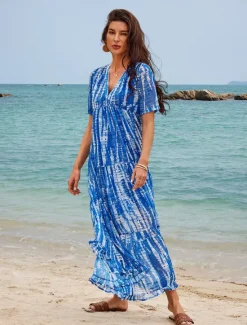 Women's Long Dress Maxi Dress Casual Dress Chiffon Dress Swing Dress Summer Dress Streetwear Maxi Vacation Street Holiday Loose Fit Tie Dye Short Sleeve V Neck Summer Women Chiffon Dresses