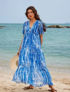 Women's Long Dress Maxi Dress Casual Dress Chiffon Dress Swing Dress Summer Dress Streetwear Maxi Vacation Street Holiday Loose Fit Tie Dye Short Sleeve V Neck Summer Women Chiffon Dresses