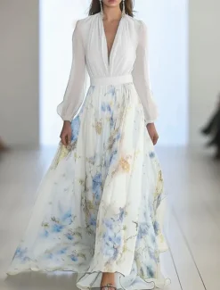 Women's Long Dress Maxi Dress Casual Dress Floral Dress Elegant Fashion Romantic Outdoor Holiday Date Regular Fit Flower Long Sleeve V Neck White Blue Summer Spring Women Floral Dresses
