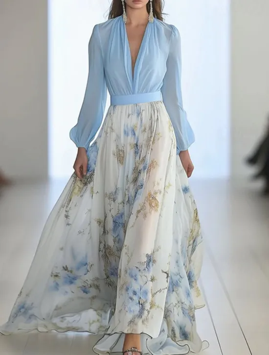 Women's Long Dress Maxi Dress Casual Dress Floral Dress Elegant Fashion Romantic Outdoor Holiday Date Regular Fit Flower Long Sleeve V Neck White Blue Summer Spring Women Floral Dresses