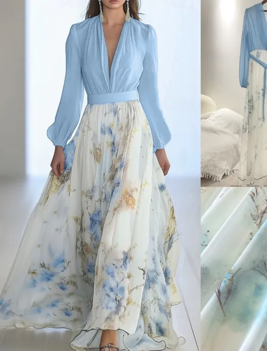 Women's Long Dress Maxi Dress Casual Dress Floral Dress Elegant Fashion Romantic Outdoor Holiday Date Regular Fit Flower Long Sleeve V Neck White Blue Summer Spring Women Floral Dresses