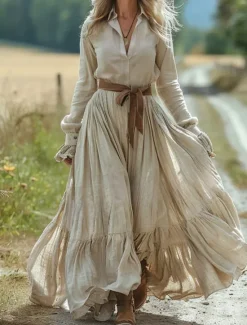 Outlet Women's Long Dress Maxi Dress Casual Dress Swing Dress Summer Dress Boho Dress Vintage Vacation Daily Holiday Regular Fit Pure Color Long Sleeve V Neck Beige Summer Women Floral Dresses