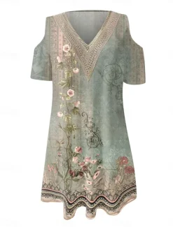 Online Women's Long Dress Maxi Dress A Line Dress Boho Dress Elegant Stylish Casual Vacation Daily Regular Fit Floral Short Sleeve V Neck Red Blue Purple Green Summer Spring Women Floral Dresses