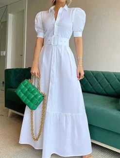 Best Women's Long Dress Maxi Dress Shirt Dress Casual Dress Summer Dress Stylish Casual Vacation Daily Date Regular Fit Stripe Short Sleeve Lapel White Blue Summer Spring Women Work Dresses