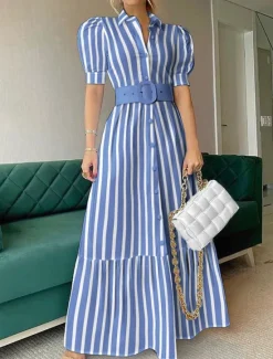 Best Women's Long Dress Maxi Dress Shirt Dress Casual Dress Summer Dress Stylish Casual Vacation Daily Date Regular Fit Stripe Short Sleeve Lapel White Blue Summer Spring Women Work Dresses
