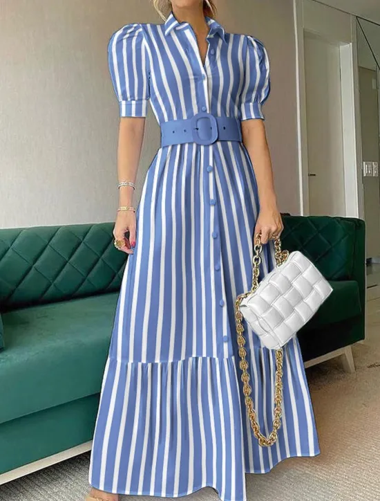 Best Women's Long Dress Maxi Dress Shirt Dress Casual Dress Summer Dress Stylish Casual Vacation Daily Date Regular Fit Stripe Short Sleeve Lapel White Blue Summer Spring Women Work Dresses