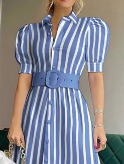 Best Women's Long Dress Maxi Dress Shirt Dress Casual Dress Summer Dress Stylish Casual Vacation Daily Date Regular Fit Stripe Short Sleeve Lapel White Blue Summer Spring Women Work Dresses