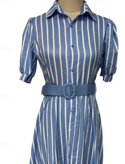 Best Women's Long Dress Maxi Dress Shirt Dress Casual Dress Summer Dress Stylish Casual Vacation Daily Date Regular Fit Stripe Short Sleeve Lapel White Blue Summer Spring Women Work Dresses