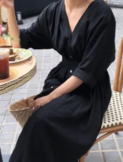 Best Women's Long Dress Maxi Dress Linen-Inspired Dresses White Dress Casual Dress Stylish Casual Vacation Daily Date Regular Fit Plain Long Sleeve V Neck Black White Summer Spring Women Dresses