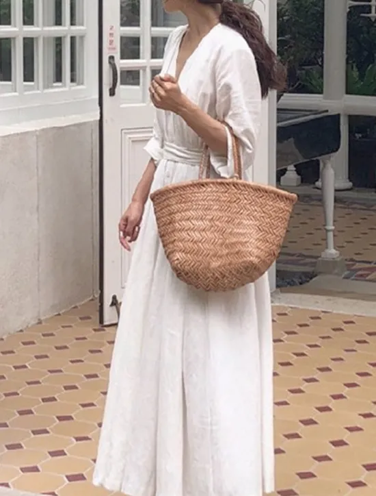 Best Women's Long Dress Maxi Dress Linen-Inspired Dresses White Dress Casual Dress Stylish Casual Vacation Daily Date Regular Fit Plain Long Sleeve V Neck Black White Summer Spring Women Dresses