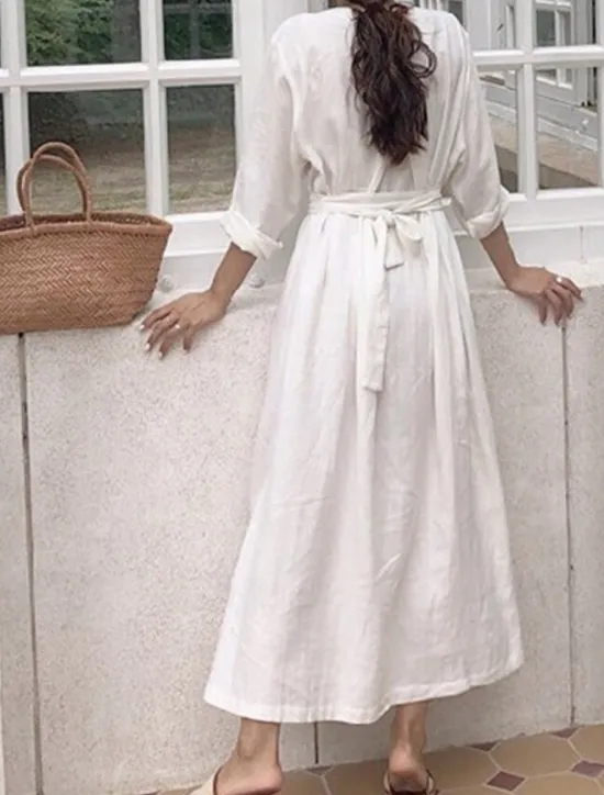 Best Women's Long Dress Maxi Dress Linen-Inspired Dresses White Dress Casual Dress Stylish Casual Vacation Daily Date Regular Fit Plain Long Sleeve V Neck Black White Summer Spring Women Dresses