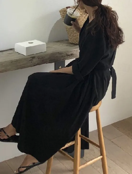 Best Women's Long Dress Maxi Dress Linen-Inspired Dresses White Dress Casual Dress Stylish Casual Vacation Daily Date Regular Fit Plain Long Sleeve V Neck Black White Summer Spring Women Dresses