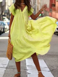 Discount Women's Long Dress Maxi Dress Cotton Linen Dresses Casual Dress Swing Dress A Line Dress Streetwear Maxi Vacation Street Holiday Loose Fit Short Sleeve V Neck Yellow Pink Dark Blue Light Blue Summer Women Dresses