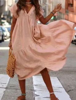 Discount Women's Long Dress Maxi Dress Cotton Linen Dresses Casual Dress Swing Dress A Line Dress Streetwear Maxi Vacation Street Holiday Loose Fit Short Sleeve V Neck Yellow Pink Dark Blue Light Blue Summer Women Dresses