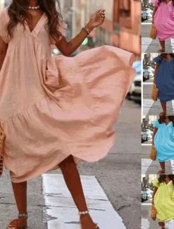 Discount Women's Long Dress Maxi Dress Cotton Linen Dresses Casual Dress Swing Dress A Line Dress Streetwear Maxi Vacation Street Holiday Loose Fit Short Sleeve V Neck Yellow Pink Dark Blue Light Blue Summer Women Dresses