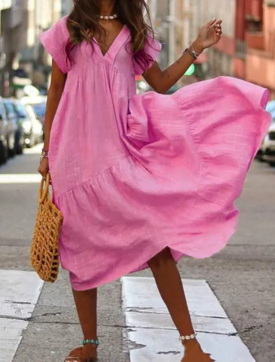 Discount Women's Long Dress Maxi Dress Cotton Linen Dresses Casual Dress Swing Dress A Line Dress Streetwear Maxi Vacation Street Holiday Loose Fit Short Sleeve V Neck Yellow Pink Dark Blue Light Blue Summer Women Dresses