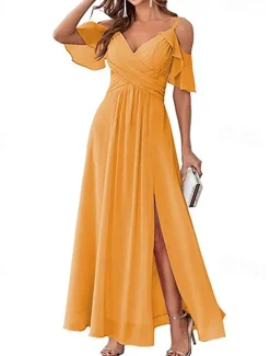 Discount Women's Long Dress Maxi Dress Prom Dress Party Dress Cocktail Dress Wedding Guest Dress Fashion Party Special Occasion Date Regular Fit Plain Short Sleeve V Neck Yellow Light Blue Summer Women Cocktail Dress