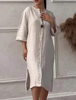 Online Women's Long Dress Maxi Dress Linen-Inspired Dresses Casual Dress Stylish Casual Vacation Daily Date Regular Fit Plain Long Sleeve V Neck Black Light Green Pink Red Summer Spring Women Dresses
