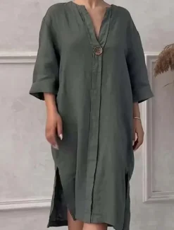 Online Women's Long Dress Maxi Dress Linen-Inspired Dresses Casual Dress Stylish Casual Vacation Daily Date Regular Fit Plain Long Sleeve V Neck Black Light Green Pink Red Summer Spring Women Dresses