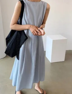 Hot Women's Long Dress Maxi Dress Linen-Inspired Dresses Casual Dress Stylish Casual Vacation Daily Date Regular Fit Plain Sleeveless V Neck Black Blue Apricot Summer Spring Women Dresses