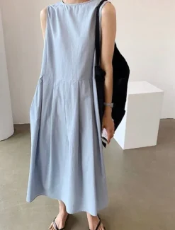 Hot Women's Long Dress Maxi Dress Linen-Inspired Dresses Casual Dress Stylish Casual Vacation Daily Date Regular Fit Plain Sleeveless V Neck Black Blue Apricot Summer Spring Women Dresses