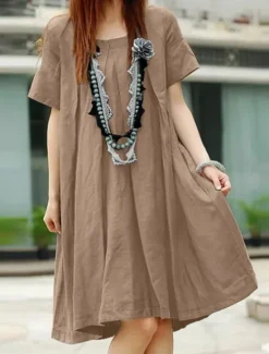 Discount Women's Long Dress Maxi Dress Cotton Linen Dresses Casual Dress Basic Casual Vacation Daily Regular Fit Plain Short Sleeve Crew Neck Red Dark Green Khaki Gray Summer Women Dresses