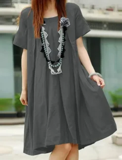 Discount Women's Long Dress Maxi Dress Cotton Linen Dresses Casual Dress Basic Casual Vacation Daily Regular Fit Plain Short Sleeve Crew Neck Red Dark Green Khaki Gray Summer Women Dresses