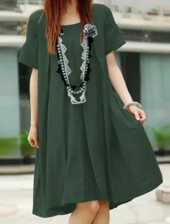 Discount Women's Long Dress Maxi Dress Cotton Linen Dresses Casual Dress Basic Casual Vacation Daily Regular Fit Plain Short Sleeve Crew Neck Red Dark Green Khaki Gray Summer Women Dresses