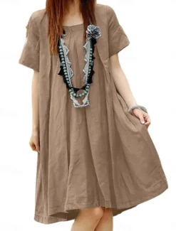Discount Women's Long Dress Maxi Dress Cotton Linen Dresses Casual Dress Basic Casual Vacation Daily Regular Fit Plain Short Sleeve Crew Neck Red Dark Green Khaki Gray Summer Women Dresses
