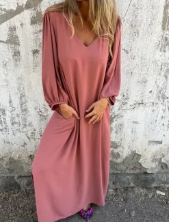 Hot Women's Long Dress Maxi Dress Casual Dress Maxi Dress Summer Dress Stylish Casual Lantern Sleeve Vacation Daily Date Regular Fit Plain Long Sleeve V Neck Pink Red Khaki Summer Spring Women Vacation Dresses