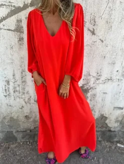 Hot Women's Long Dress Maxi Dress Casual Dress Maxi Dress Summer Dress Stylish Casual Lantern Sleeve Vacation Daily Date Regular Fit Plain Long Sleeve V Neck Pink Red Khaki Summer Spring Women Vacation Dresses