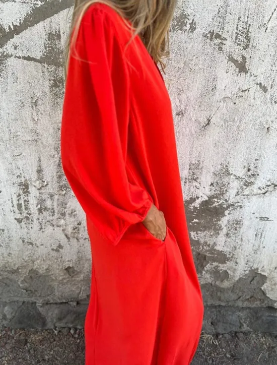 Hot Women's Long Dress Maxi Dress Casual Dress Maxi Dress Summer Dress Stylish Casual Lantern Sleeve Vacation Daily Date Regular Fit Plain Long Sleeve V Neck Pink Red Khaki Summer Spring Women Vacation Dresses