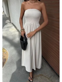 Women's Long Dress Maxi Dress Swing Dress Summer Dress Elegant Going out Beach Summer Dress Regular Fit Pure Color Sleeveless Strapless Black Yellow Brown Beige Summer Women Cocktail Dress
