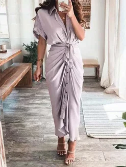 New Women's Long Dress Maxi Dress Shirt Dress Casual Dress Summer Dress Stylish Casual Vacation Daily Date Regular Fit Plain Short Sleeve Lapel Black Champagne Red Light Purple Summer Spring Women Spring Dresses|Work Dresses