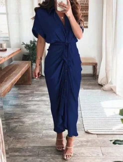 New Women's Long Dress Maxi Dress Shirt Dress Casual Dress Summer Dress Stylish Casual Vacation Daily Date Regular Fit Plain Short Sleeve Lapel Black Champagne Red Light Purple Summer Spring Women Spring Dresses|Work Dresses