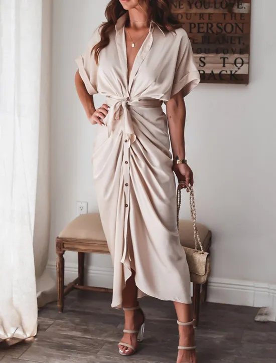 New Women's Long Dress Maxi Dress Shirt Dress Casual Dress Summer Dress Stylish Casual Vacation Daily Date Regular Fit Plain Short Sleeve Lapel Black Champagne Red Light Purple Summer Spring Women Spring Dresses|Work Dresses