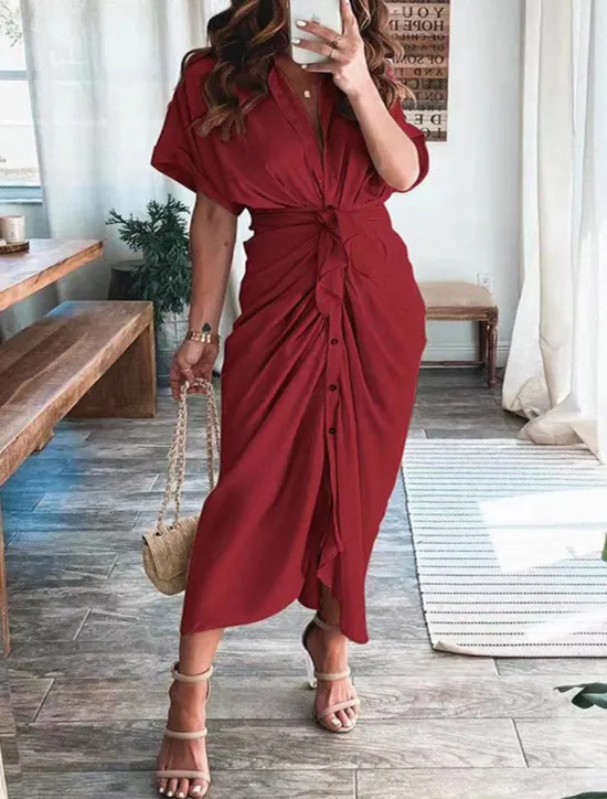 New Women's Long Dress Maxi Dress Shirt Dress Casual Dress Summer Dress Stylish Casual Vacation Daily Date Regular Fit Plain Short Sleeve Lapel Black Champagne Red Light Purple Summer Spring Women Spring Dresses|Work Dresses