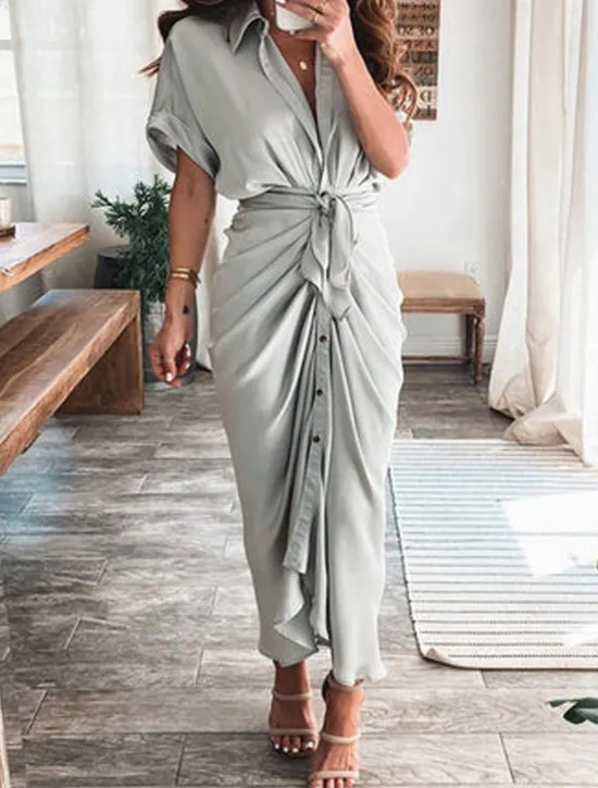 New Women's Long Dress Maxi Dress Shirt Dress Casual Dress Summer Dress Stylish Casual Vacation Daily Date Regular Fit Plain Short Sleeve Lapel Black Champagne Red Light Purple Summer Spring Women Spring Dresses|Work Dresses