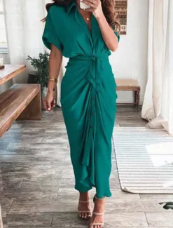 New Women's Long Dress Maxi Dress Shirt Dress Casual Dress Summer Dress Stylish Casual Vacation Daily Date Regular Fit Plain Short Sleeve Lapel Black Champagne Red Light Purple Summer Spring Women Spring Dresses|Work Dresses