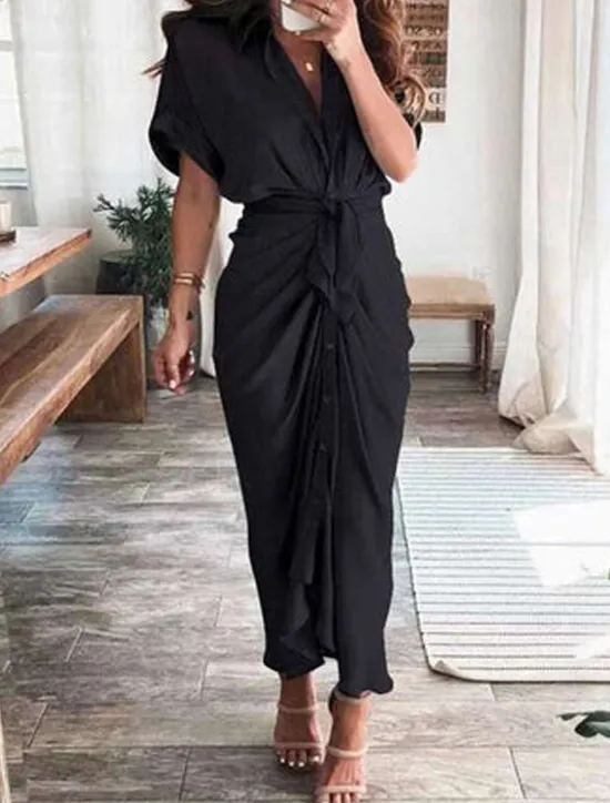New Women's Long Dress Maxi Dress Shirt Dress Casual Dress Summer Dress Stylish Casual Vacation Daily Date Regular Fit Plain Short Sleeve Lapel Black Champagne Red Light Purple Summer Spring Women Spring Dresses|Work Dresses