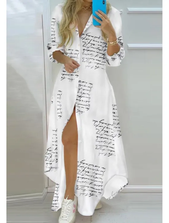 Hot Women's Long Dress Maxi Dress Shirt Dress Fashion Outdoor Vacation Holiday Regular Fit Striped Flower Long Sleeve Shirt Collar Black And White White Navy Blue Green Summer Women Floral Dresses